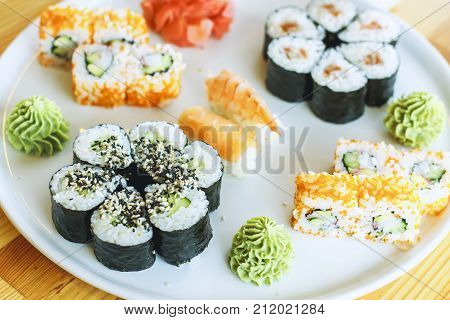 The Best Sushi Rolls, Japanese Cuisine. Different Delicious Kinds Of Sushi Rolls.
