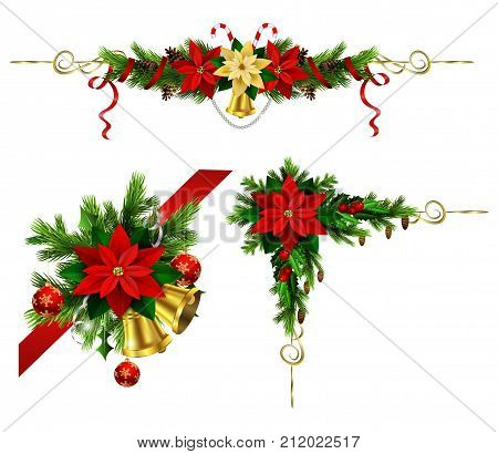 Christmas decoration set with evergreen treess pine cones and poinsettia isolated vector