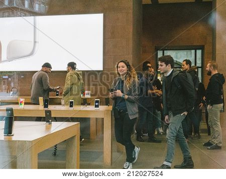 Strasbourg France - Nov 3 2017: Customers Entering In Apple Store To Pick The Pre-order Of The Lates