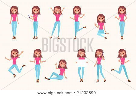 Cute girl in pink T-shirt, blue jeans and stiletto shoes stands or sits in various positions isolated vector illustrations set on white background.