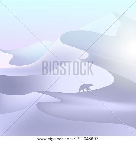 North pole vector landscape. Snowdrifts. Polar bear