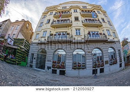 BELGRADE SERBIA - OCTOBER 21 2017: Building and restaurant on the old street Skadarlija the main bohemian place of Belgrade.
