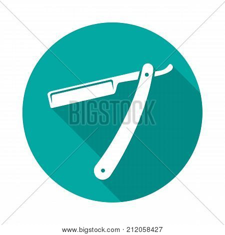 Straight razor circle icon with long shadow. Flat design style. Straight razor simple silhouette. Modern minimalist round icon in stylish colors. Web site page and mobile app design vector element.
