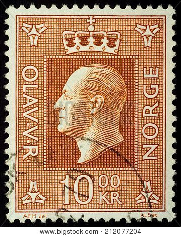 Moscow Russia - November 03 2017: A stamp printed in Norway shows Norwegian King Olav V (1903-1991) series circa 1969