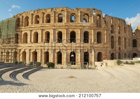 EL DJEM, TUNISIA - DECEMBER 03, 2011: Exterior of the El Djem amphitheater in El Djem, Tunisia.