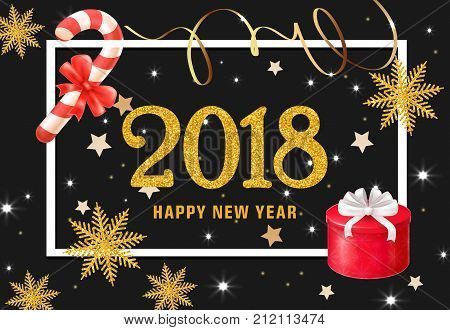Happy New Year lettering in frame with present, candy canes, snowflakes and sparkles. Celebration, winter, congratulation. Holiday concept. Can be used for greeting cards, postcards, brochure