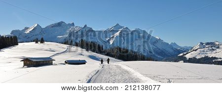 Snow covered mountains Schlauchhorn and Oldenhorn. Winter hiking and sledging trail. Scene near Gstaad Switzerland.