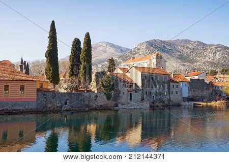 View of Old Town of Trebinje city from Trebisnjica river. Bosnia and Herzegovina, winter