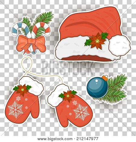 Colorful patch badges various attributes of Christmas. Set of happy new year stickers pins magnets cartoon comic style. Santa Claus mittens caps. Stock vector