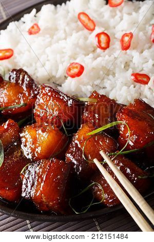 Vietnamese Caramelized Pork Belly With Rice Macro. Vertical