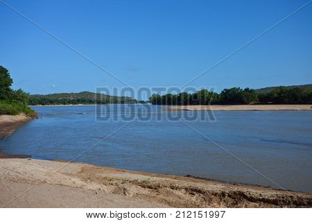 River Limpopo on the border of South Africa and Zimbabwe. Beach and riverbed Limpompo in March.