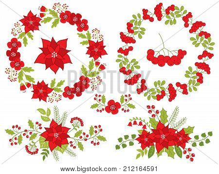 Vector Christmas and New Year set. Set includes floral wreath, poinsettia, bouquets, red berries and holly. Vector Christmas poinsettia. Christmas wreaths and bouquets vector illustration
