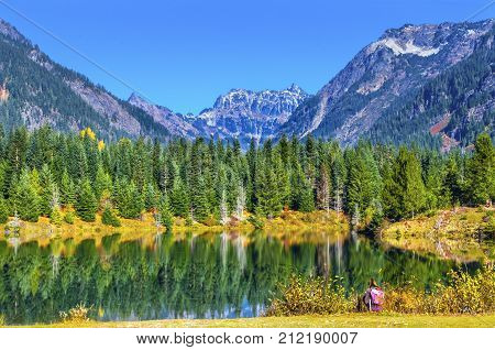 Gold Lake Reflection Pink Hiker Mount Chikamin Peak Fall Snoqualme Pass Wenatchee National Forest Wilderness Washington
