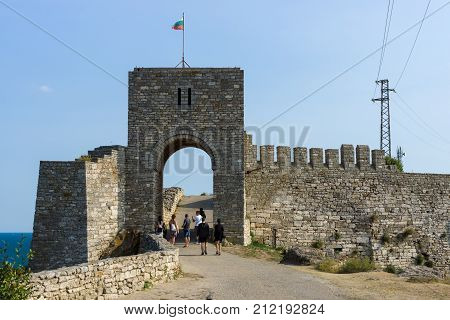 CAPE KALIAKRA BULGARIA - AUGUST 23 2017: The medieval fortress of Kaliakra. The preserved part of the fortress wall and the watchtower.