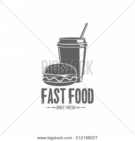 fast food with burger and drink badges. Logo design on a white background. Vector illustration of the emblem for advertising and menu design
