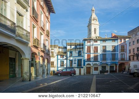 XATIVA, SPAIN, 1ST FEBRUARY 2017 - Market place and tower of La Seu Cathedral Xativa (Jativa) Valencia Spain