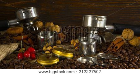 Filter holder of professional coffee machine with tamped coffee.