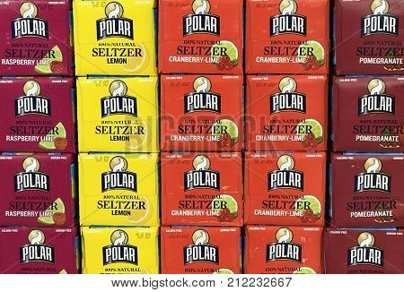 Altoona Wisconsin November 5 2017 Several cases of Polar sparkling water on a Grocery Shelf