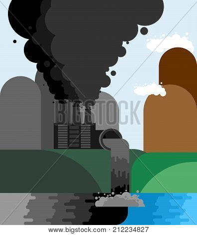 Industrial Landscape. Plant Emissions Into River. Environmental Pollution. Black Smoke From Pipes Of