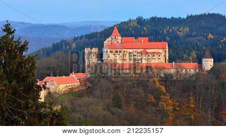 Beautiful Old Castle In Forests With Autumn Landscape. Castle Pernstejn - Nedvedice. Europe Czech Re