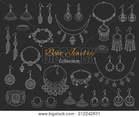 Fashionable boho jewelry accessories collection, vector hand drawn doodle illustration. fashionable bracelets, necklaces, earrings and rings, isolated on chalkboard background.