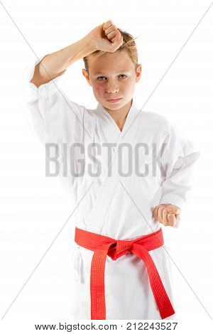 Pre-teen boy in martial arts uniform doing martial arts