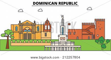 Dominican Republic outline skyline, dominican flat thin line icons, landmarks, illustrations. Dominican Republic cityscape, dominican vector travel city banner. Urban silhouette
