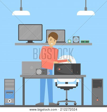 Computer reapir service. Man repairing broken computer.