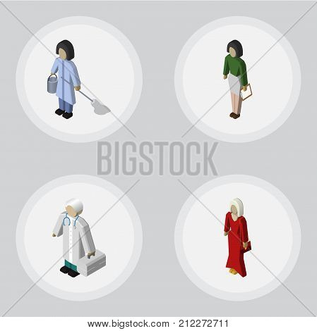 Isometric Human Set Of Pedagogue, Housemaid, Female And Other Vector Objects