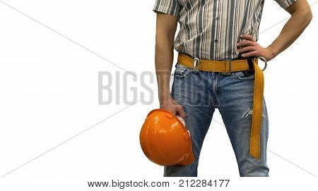 Builder worker with a helmet and in mounting belt isolated on white background with copy space. Construction background. Repair background concept.