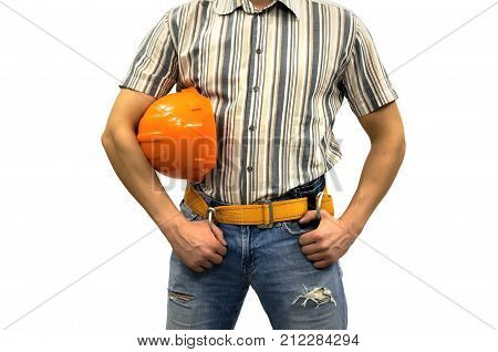 Builder construction worker in mounting belt and with helmet isolated on white background. Construction. Repair concept.