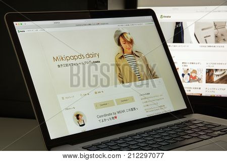 Milan Italy - August 10 2017: Ameblo website homepage. It is -. Ameblo logo visible.