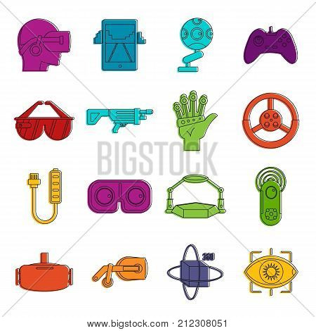Virtual reality icons set. Doodle illustration of vector icons isolated on white background for any web design