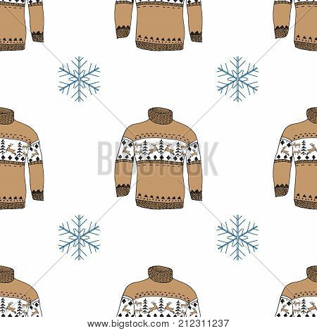 Winter season doodle clothes seamless pattern. Hand drawn sketch elements warm raindeer sweater socks gloves and hats. vector background illustration