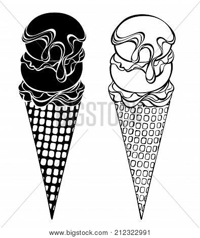 Two contour stylized ice cream with waffle horn two balls drizzled with chocolate syrup on a white background. Artistic drawing of an ice cream.