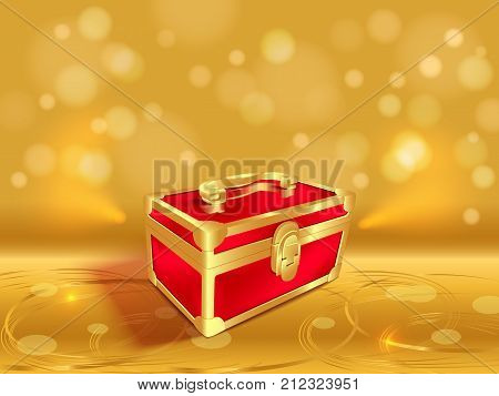 Closed red gift box.3d composition on textured glowing yellow background, blur and bokeh background, sparkling effect.Vector background for holidays and party
