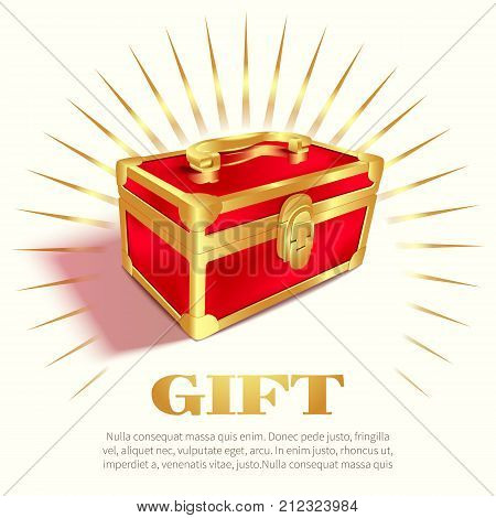 Closed red chest, gift box and rays in circle isolated on white background.Vector 3d illustration