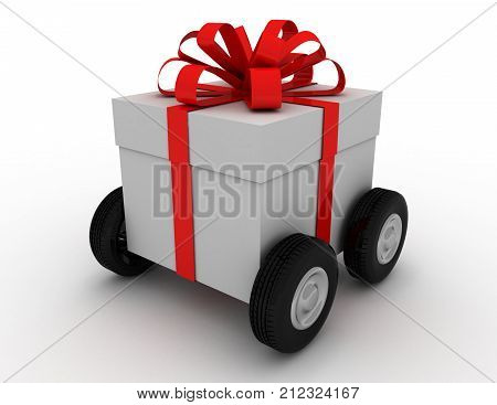 Gift Box On Wheels . 3D Rendered Illustration