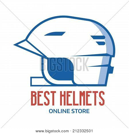 Sports helm store logo or label template in line art style. Cycling, rolling or skating helmet icon in outline design. Crash protector head wear or hard hat for for bikers, rollers and skaters.