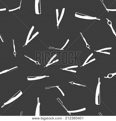 Vector seamless pattern for Barber Shop. Barber and hairdresser tools razor isolated on grey background. Print fabric barbershop decoration paper pattern. Endless background