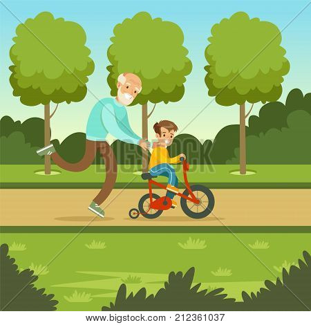 Happy grandfather teaching kid boy to ride the bicycle in park. Man spending time with child. Granddad and grandson cartoon characters. Loving family. Green nature landscape background. Flat vector.