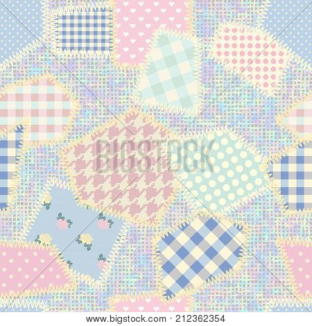 Seamless background pattern. Imitation of a retro patchwork pattern on a rough canvas fabric texture.