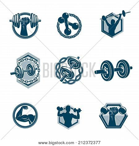 Set of vector bodybuilding theme illustrations made using dumbbells barbells and disc weights sport equipment. Bodybuilder perfect body.
