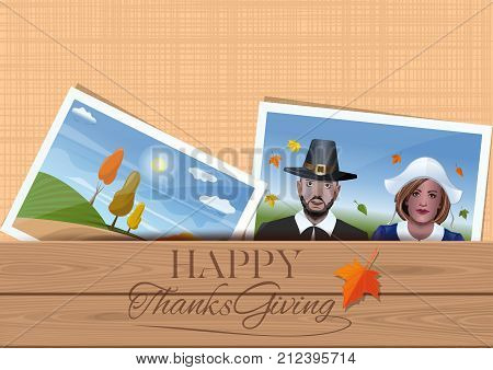 Happy Thanksgiving. Template for Thanksgiving greeting cards design. Envelope with family photos. Married couple in the fancy dress of the first settlers. Vector illustration