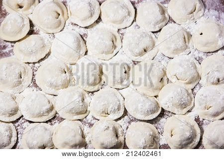 Dumplings of hand-made meat, sprinkled with flour on the table.