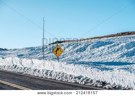 Trail Ridge Road, the highest (12,183 feet) continuous highway in the USA in high alpine tundra with rocks and mountains at autumn. Rocky Mountain National Park in Colorado, USA. 