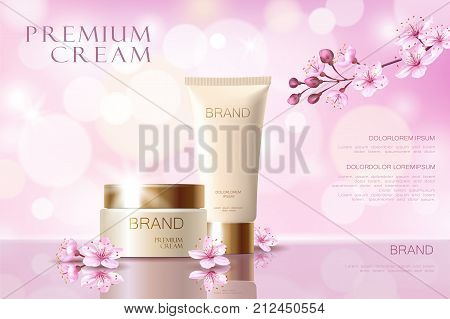 Sakura flower cosmetic promotional poster template. Pink petal blossom japanese branch. Golden pink package realistic 3d face care defocused background vector illustration art