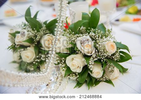 Beautiful White Wedding Bouquets In Basket Backgraound Bouquet Flowers Rose Wedding Rings