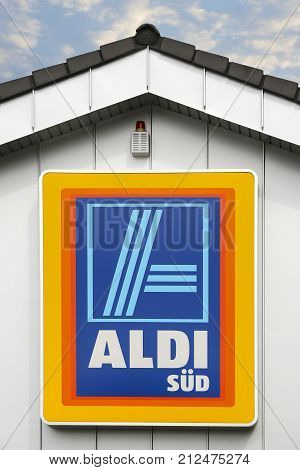 LINDEN GERMANY JULY 2017: ALDI (south)supermarket chain sign. ALDI (south) is a German global discount supermarket chain based in Mülheim an der Ruhr
