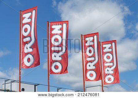 WETZLAR GERMANY JUNE 2017: ORION flags against sky at the ORION Store.. ORION is a German Sex Shop chain based in Flensburg